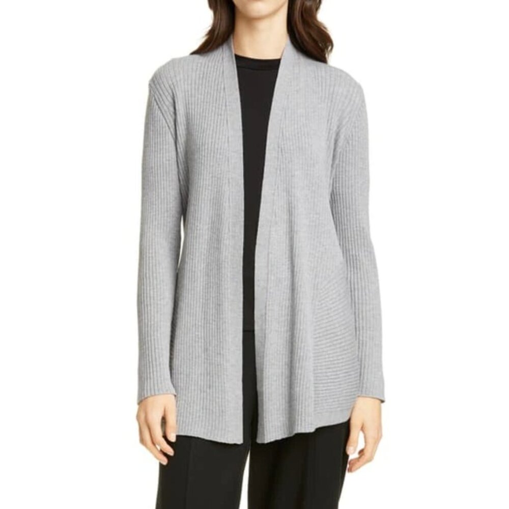 Eileen Fisher Mix Rib Long Wool Cardigan, Pewter, S